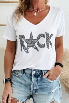 白色水钻 ROCK 星星图案 V 领 T 恤