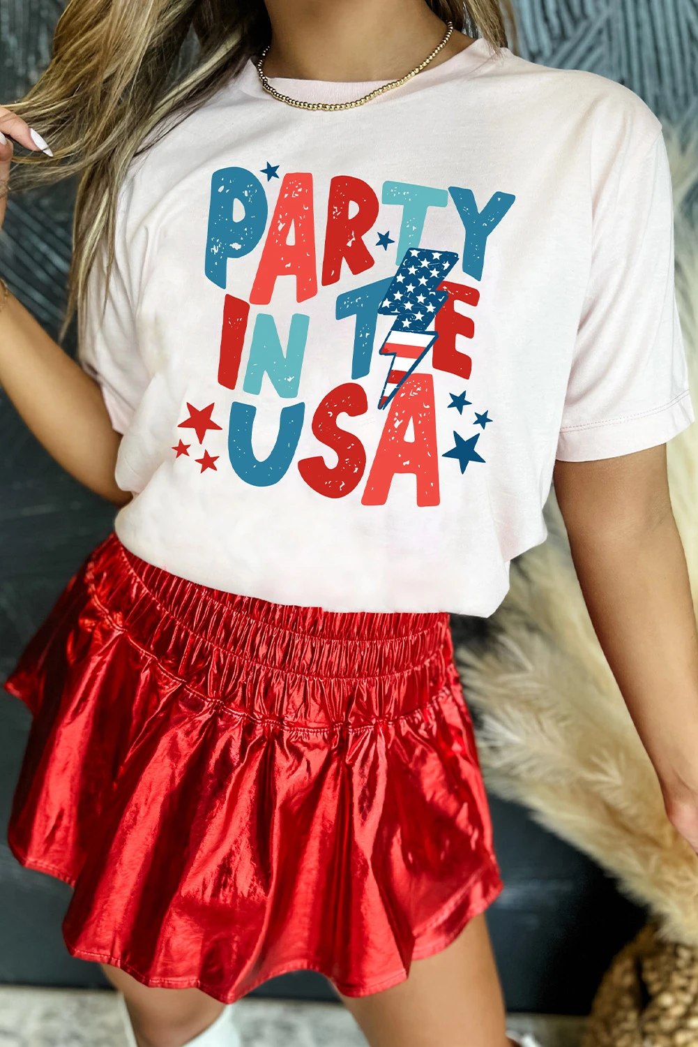 白色 PARTY IN THE USA 美国国旗图案 T 恤 LC25225538
