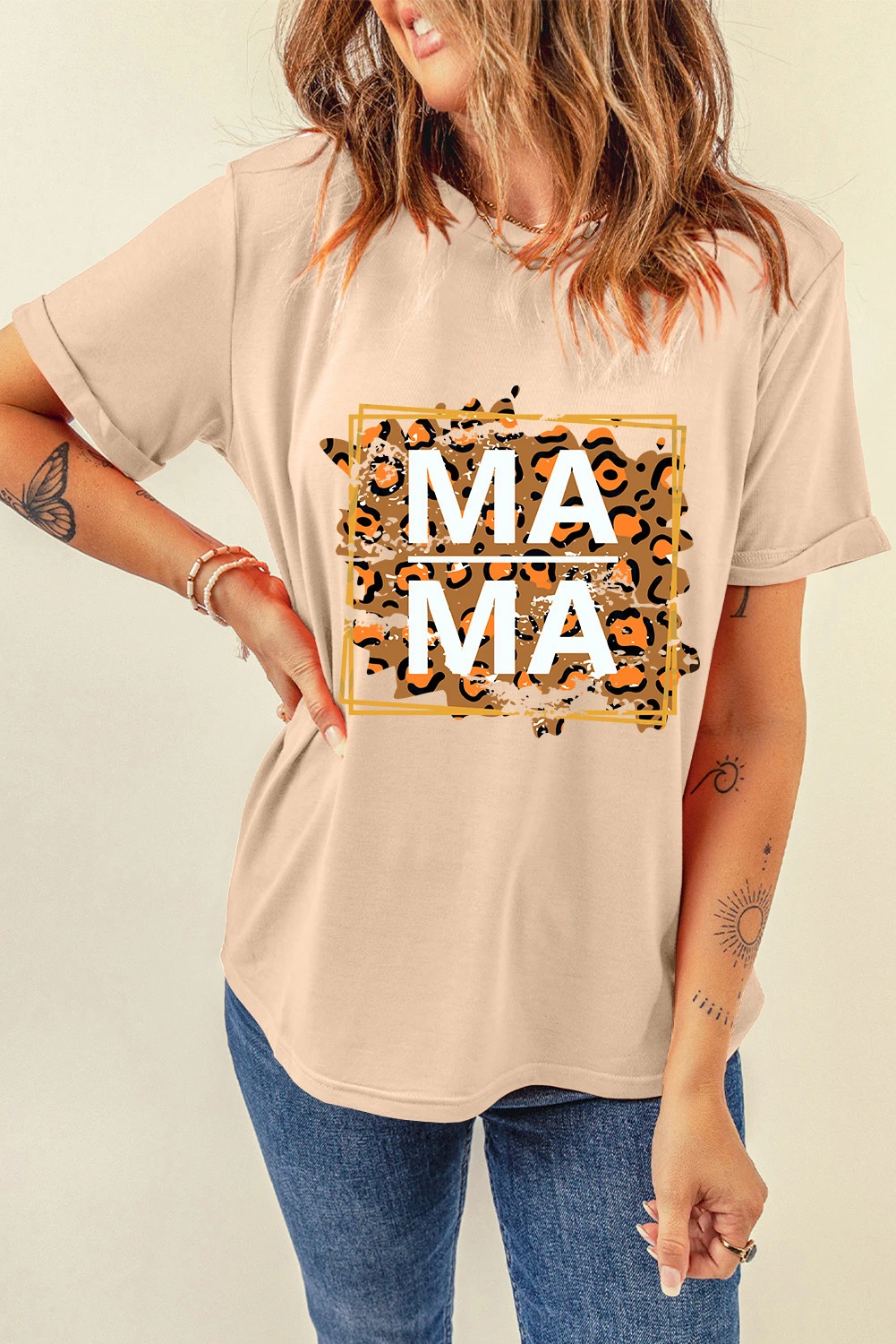 卡其色 MAMA 豹纹图案 T 恤 LC25225560
