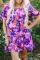 紫色花朵印花短泡泡袖荷叶边连衣裙