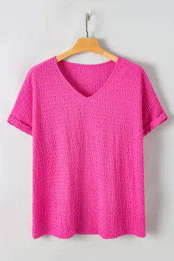 亮粉色大码纹理折叠袖 V 领 T 恤
