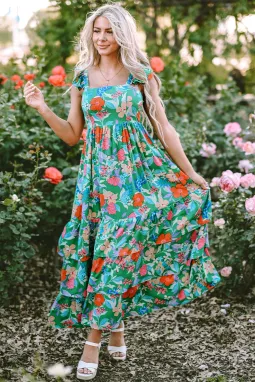绿色花卉印花无袖荷叶边分层超长连衣裙