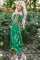 绿色花卉印花泡泡袖抽褶叠层中长连衣裙