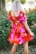 红色抽象印花方领泡泡袖连衣裙