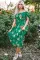 绿色花卉印花泡泡袖抽褶叠层中长连衣裙