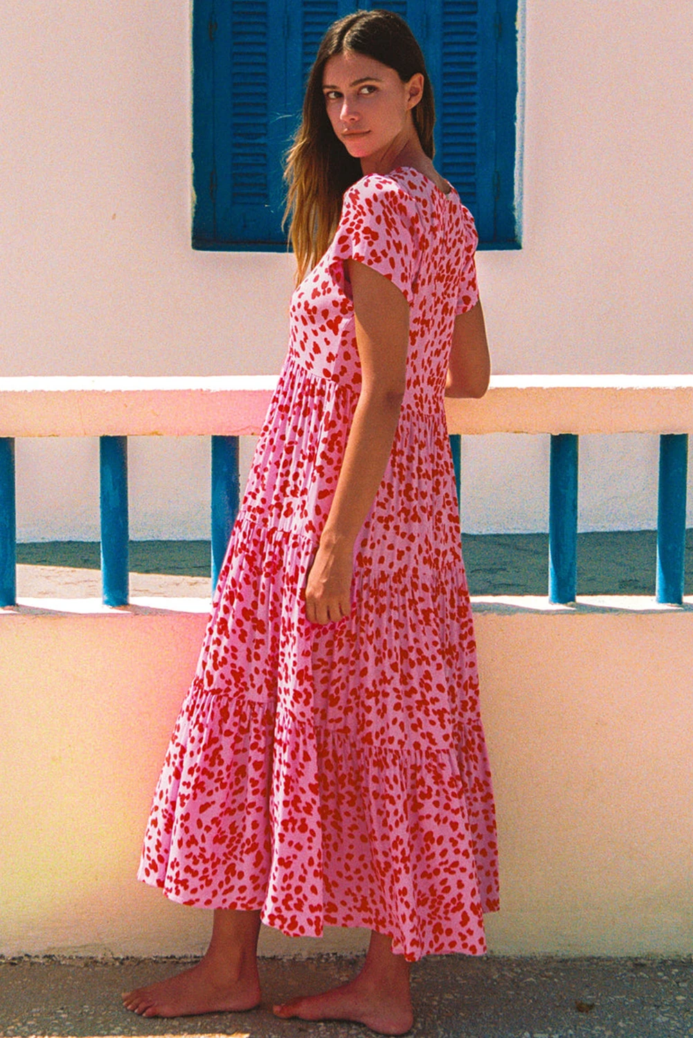 粉色波西米亚风印花短袖喇叭叠层连衣裙 LC6119526