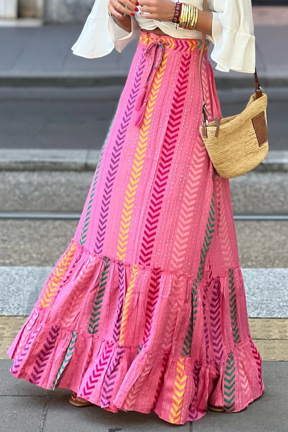 粉色波西米亚风印花流苏抽绳荷叶边超长半身裙 LC6119273