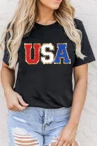 黑色闪粉雪尼尔 USA 图案 T 恤