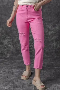 粉色星星拼接中腰直筒牛仔裤