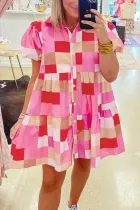 粉色格子印花泡泡袖纽扣叠层连衣裙