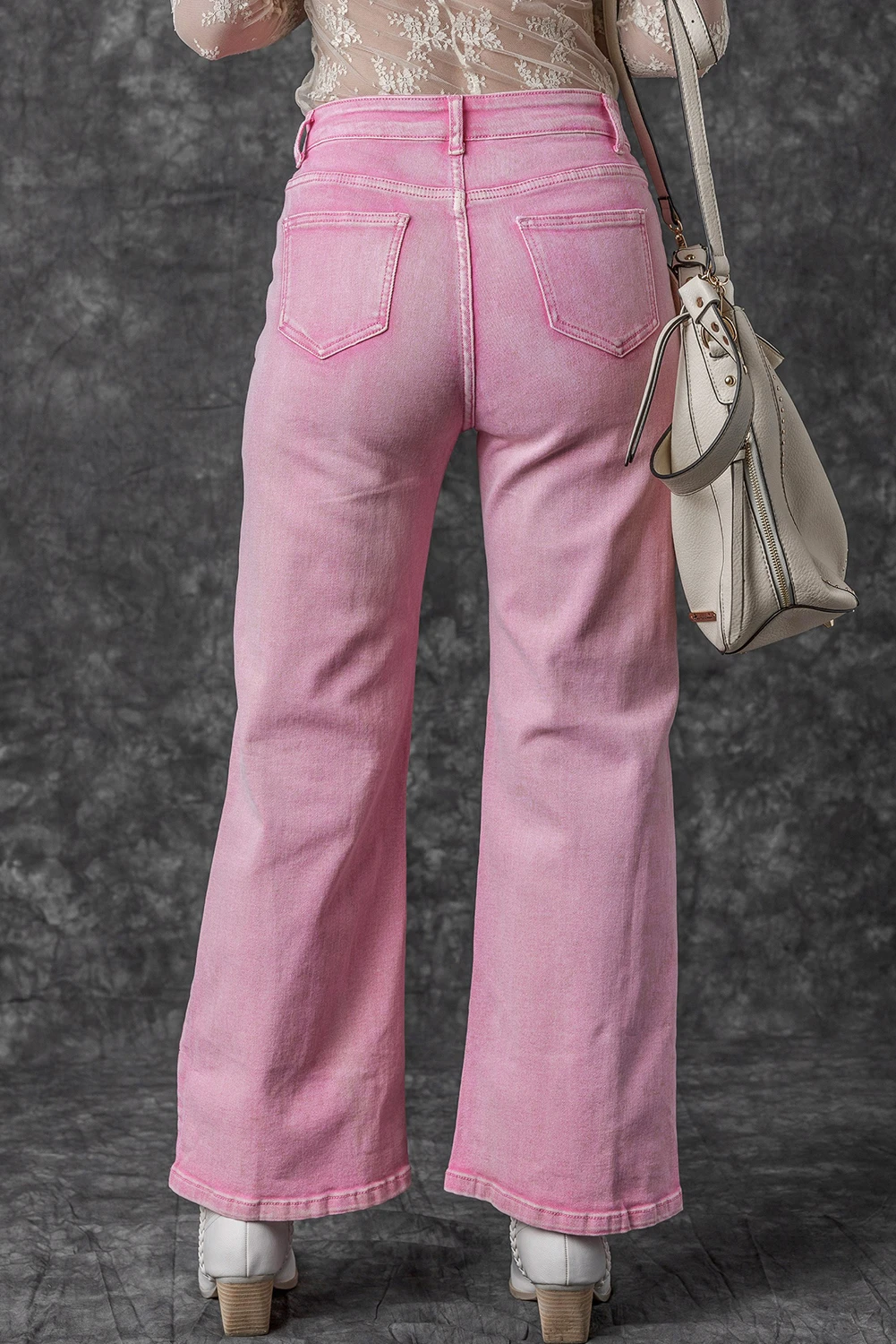 粉色高腰水钻镂空阔腿牛仔裤 LC7874257