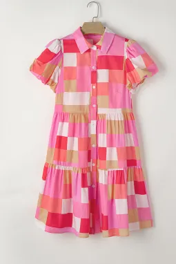 粉色格子印花泡泡袖纽扣叠层连衣裙