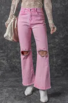 粉色高腰水钻镂空阔腿牛仔裤