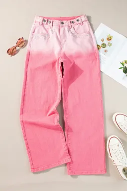 粉色水钻装饰渐变牛仔长裤