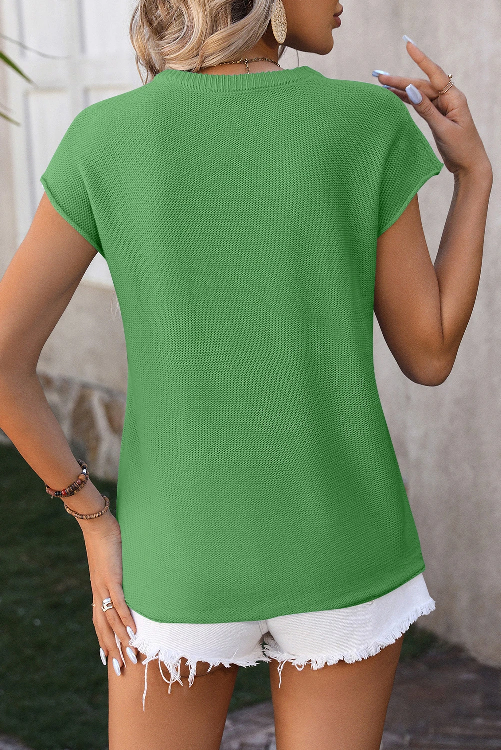深绿色盖袖圆领针织短袖毛衣 LC277356