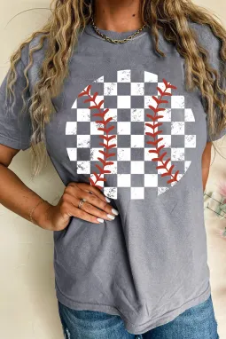 灰色复古格纹棒球图案 T 恤