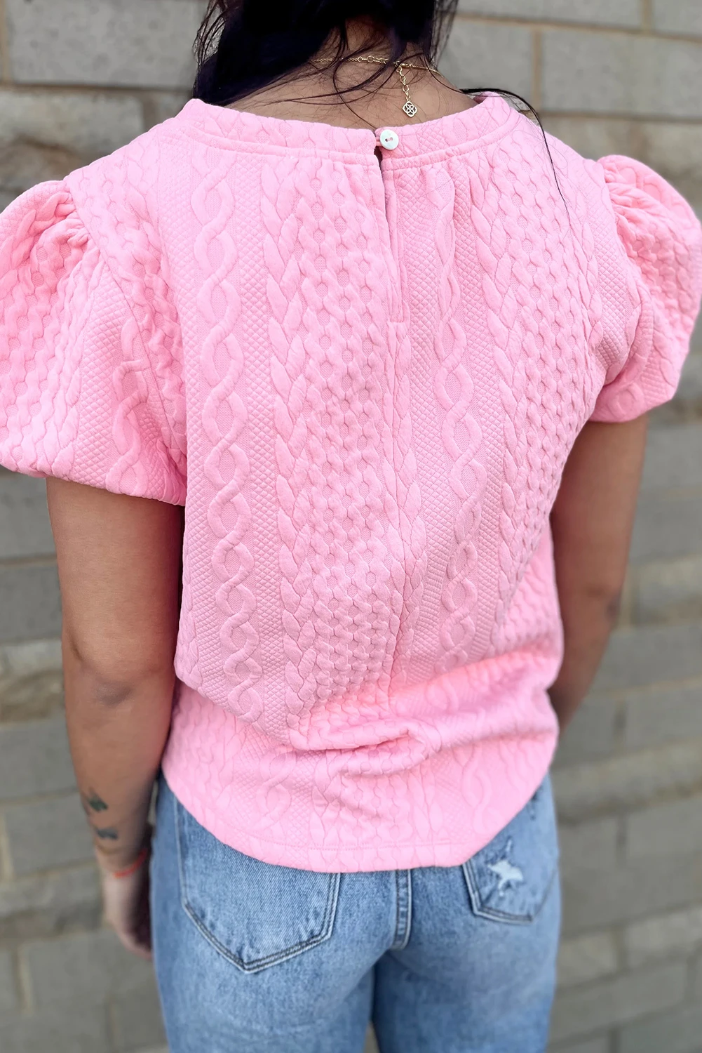 粉色纹理泡泡袖 T 恤 LC25224596