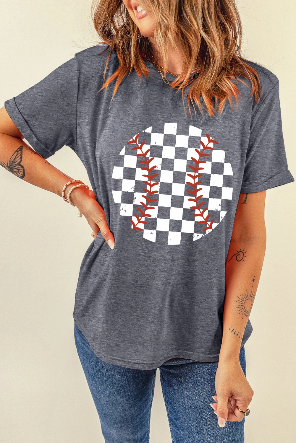 灰色复古格纹棒球图案 T 恤 LC25225342