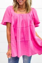 亮粉色纹理方领飘袖分层飘逸衬衫