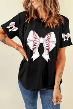 黑色棒球蝴蝶结图案休闲 T 恤