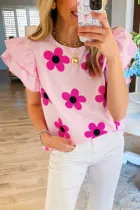 粉色细条纹花卉印花荷叶边飘袖衬衫