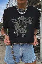 黑色水钻牛头图案时尚 T 恤
