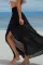 黑色平行绉缝高腰雪纺开衩沙滩长裙
