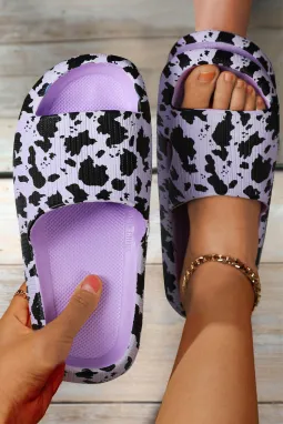 紫色牛纹图案印花厚底一脚蹬拖鞋