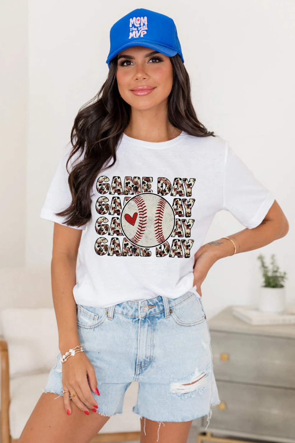 白色豹纹 GAME DAY 棒球图案 T 恤 LC25225650