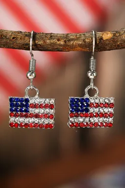 火红水钻美国国旗方形吊式耳环