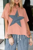 杏粉色矿泉水镶嵌星星贴片图案高低 T 恤