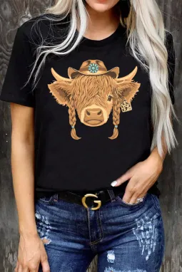 黑色西部小牛图案时尚棉质 T 恤