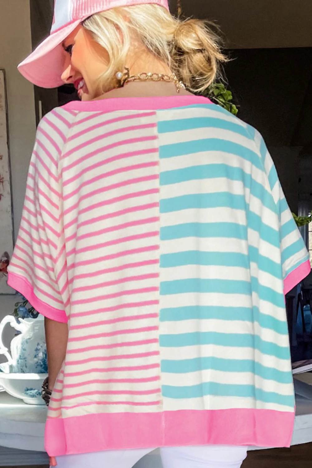 粉色条纹撞色拼布大廓形 T 恤 LC25225034
