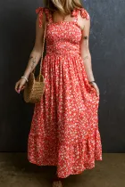 红色波西米亚风花卉自系带抽褶衣身长连衣裙