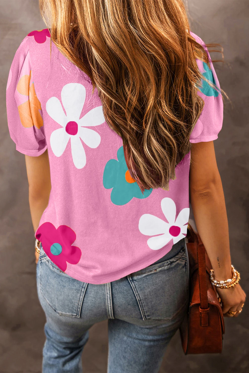 粉色花朵印花泡泡袖 T 恤 LC25224163