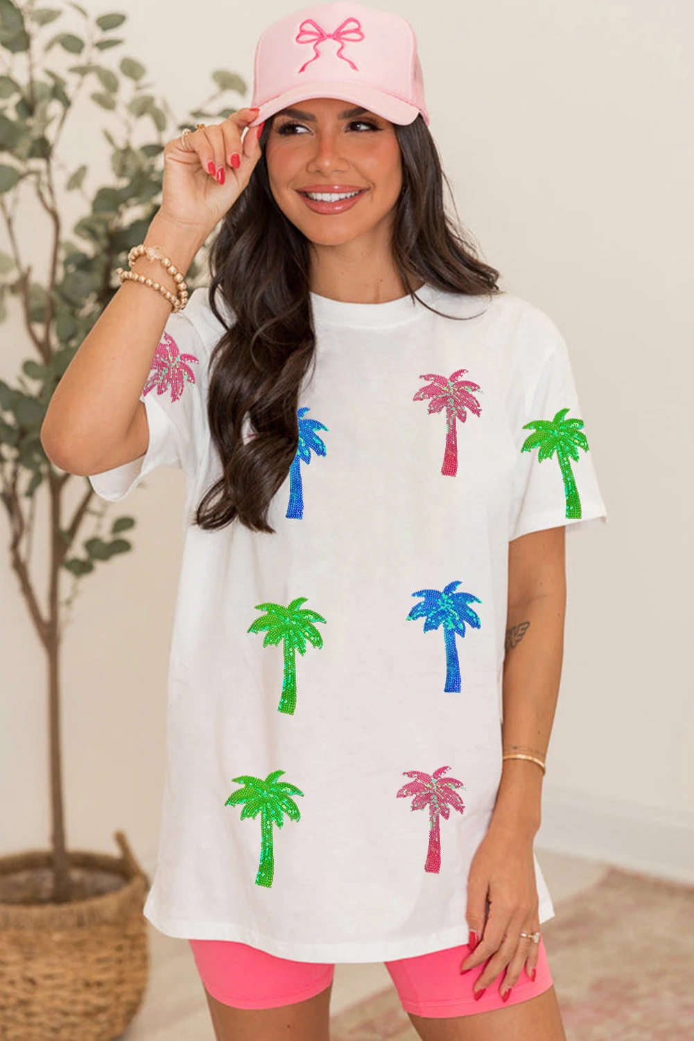 白色亮片椰子树图案 T 恤 LC25225278