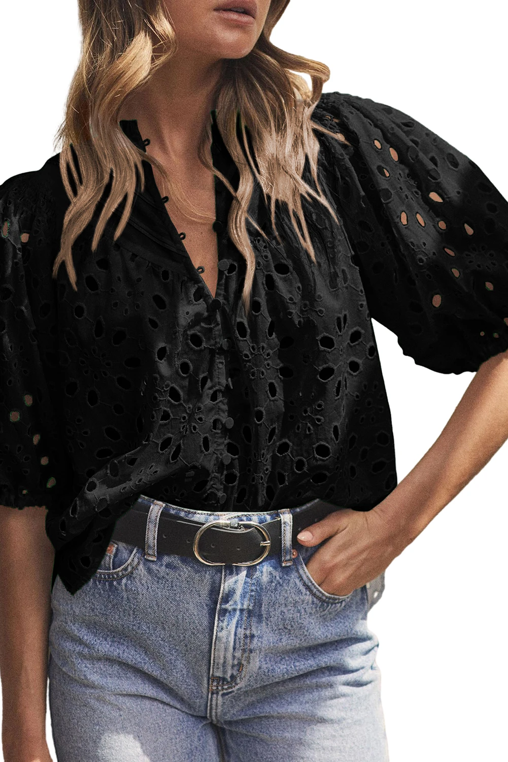 黑色花朵刺绣镂空泡泡袖衬衫 LC25127626