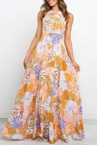 橙色波西米亚风花卉露背系带无袖超长连衣裙