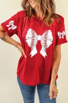 红色棒球蝴蝶结图案休闲 T 恤