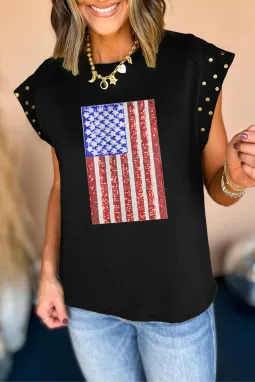 黑色亮片美国国旗图案铆钉盖袖 T 恤