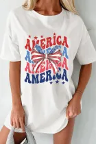 白色 AMERICA 星星和条纹蝴蝶结结图案 T 恤
