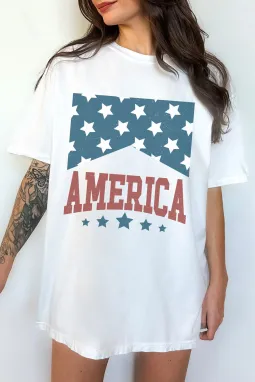 白色 AMERICA 星星印花圆领大廓形 T 恤