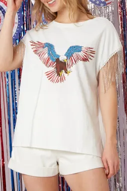 白色美国之鹰图案水钻流苏袖 T 恤