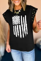 黑色美国国旗印花铆钉盖袖 T 恤