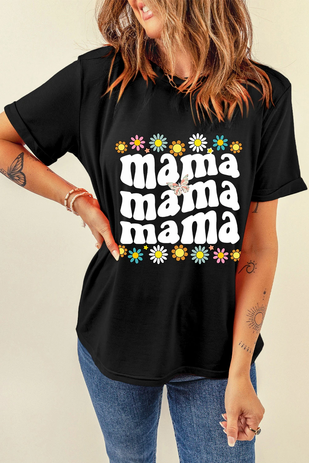 黑色花朵mama蝴蝶图案 T 恤 LC25225809