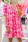 粉色抽象印花泡泡短袖叠层宽松连衣裙
