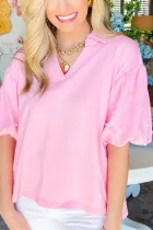 粉色珍珠铆钉泡泡袖领上衣