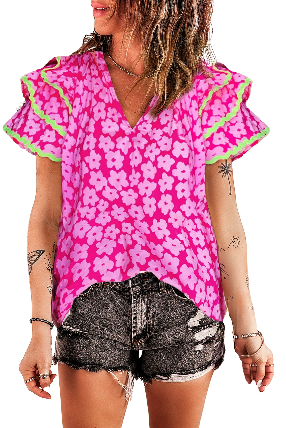 粉色花卉撞色分层荷叶边袖衬衫 LC25127550