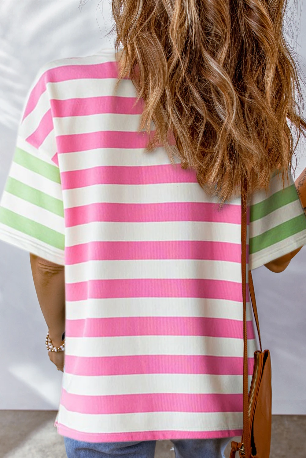 粉色条纹撞色贴袋落袖 T 恤 LC25225356