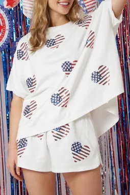 白色美国国旗亮片图案宽松上衣和短裤套装